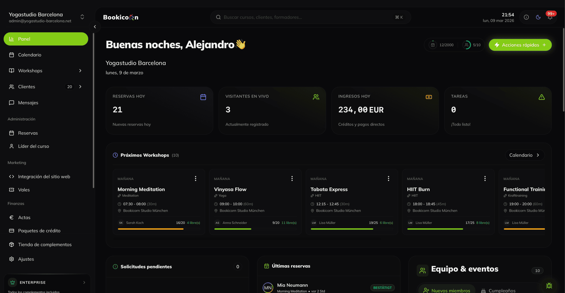 Panel de control de Bookicorn