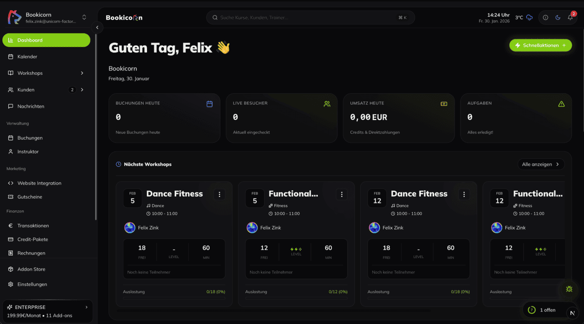 Bookicorn Dashboard - Dein Studio auf einen Blick