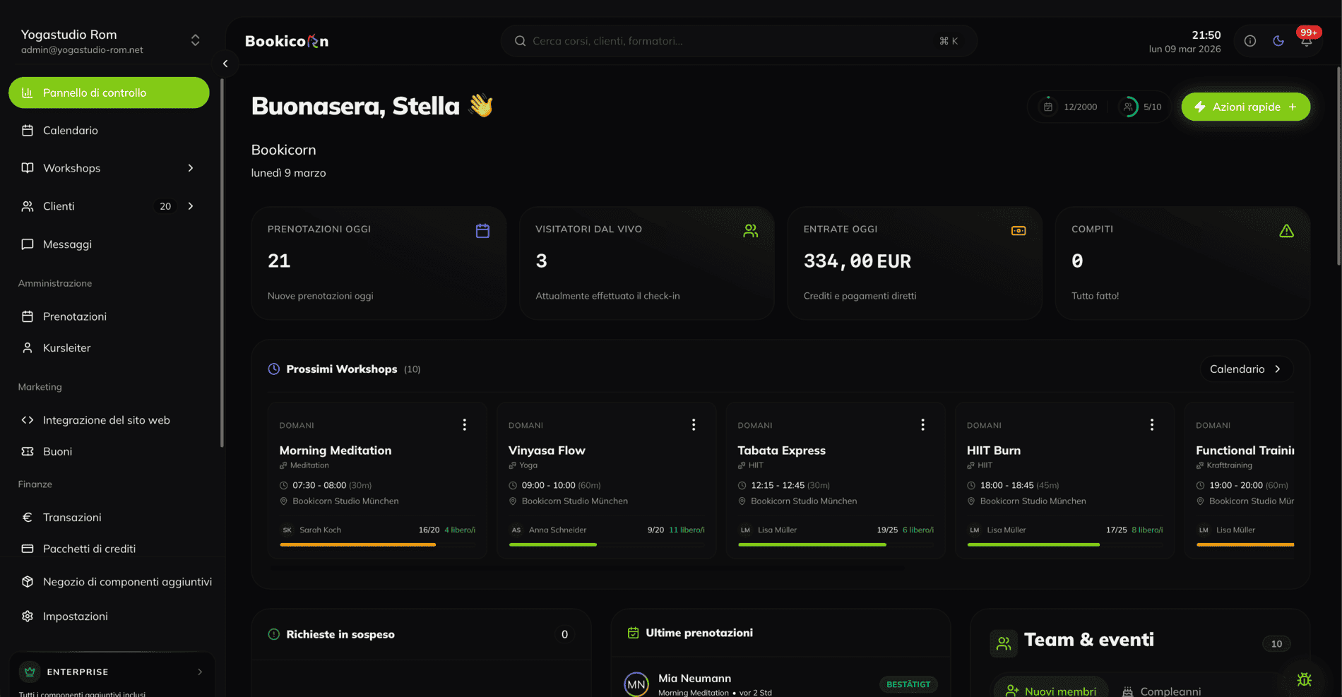 Pannello di controllo di Bookicorn